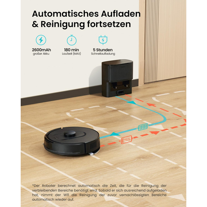 Робот-пилосос Vexilar W11 з функцією миття, LiDAR навігація, потужність 5000Pa, тривалий час роботи, WiFi, ідеальний для килимових покриттів