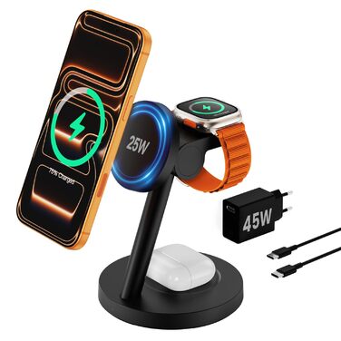 Зарядна станція JoyGeek 3-в-1 MagSafe 25W для iPhone 17/16, Apple Watch, Samsung Watch та AirPods з адаптером 45W (Чорний матовий)