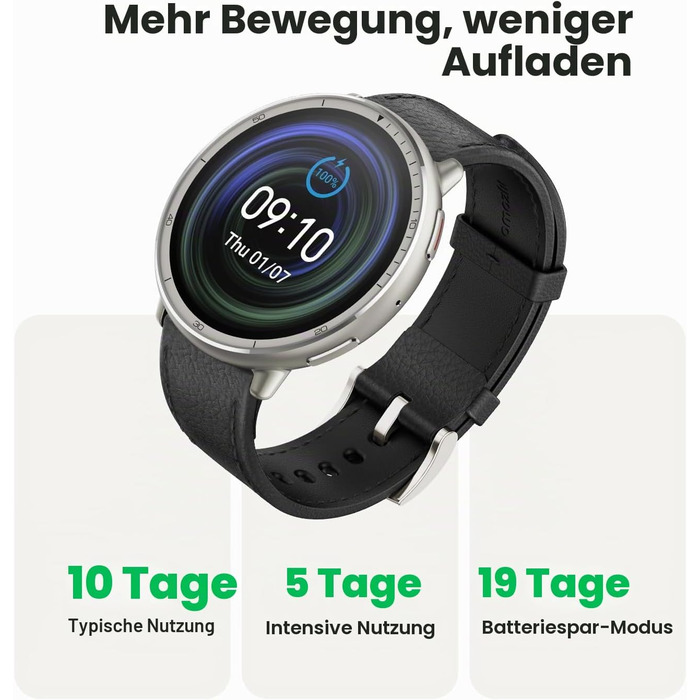 Смарт-годинник Amazfit Active 2 44мм: GPS, фітнес-трекер, 160+ режимів спорту, моніторинг сну, чорний шкіряний ремінець (Преміум)