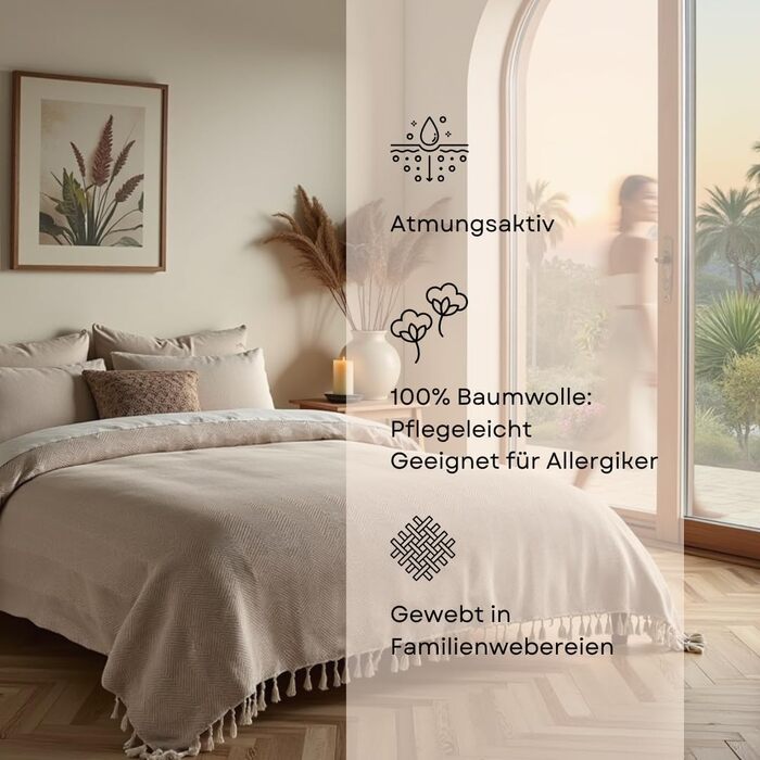 Покривало BOHORIA Tulum XXL 220x240 см, 100% бавовна, Oeko-Tex, двостороннє, для ліжка та дивана, з візерунком, сепія