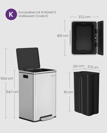 Відро для сміття SONGMICS 50 л, нержавіюча сталь, знімний внутрішній відро, Softclose, срібний колір
