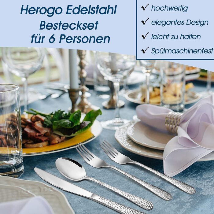 Herogo Cutlery Set 12 People, 60-Piece Stainless Steel Cutlery Set with Knife, Fork, Spoon, Elegant Hammered Silverware for Home/Party/Restaurant, Dishwasher Safe, Rustproof, Polished