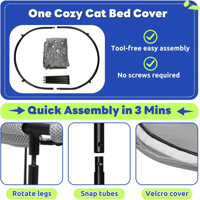 Cat Hammock Bed with Glowing Stars – Freestanding, Soft Cat Bed for Large Cats/Small Dogs, Breathable & Washable, Pet Bed for Indoor/Outdoor Use, Grey (L)