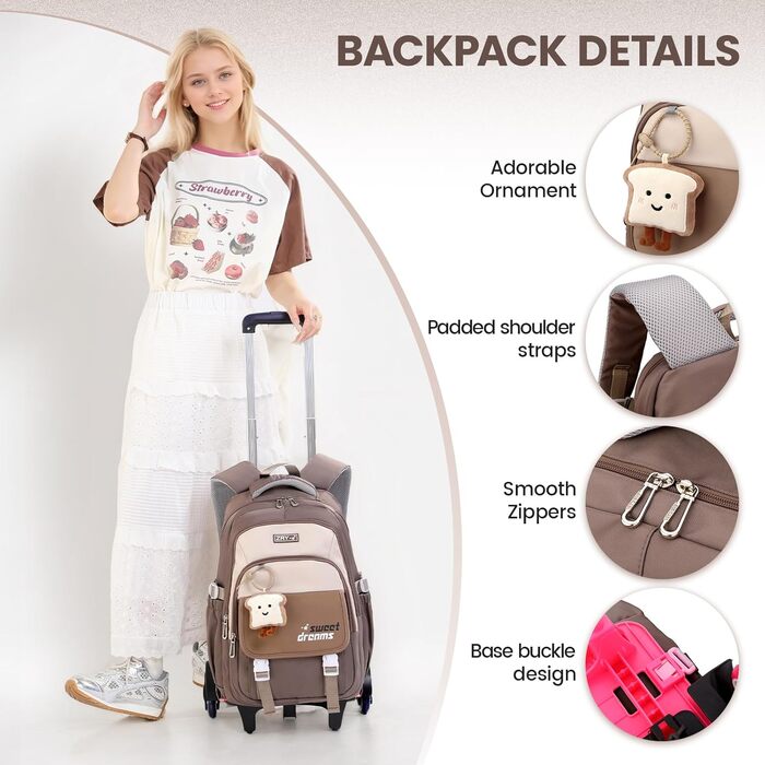 Шкільний рюкзак-роликовий для дівчаток-підлітків, 36L, зелений (коричневий)