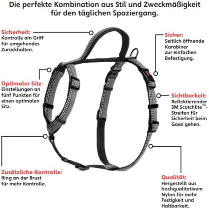 Шлейка для собак HALTI Walking з м'якою неопреновою підкладкою, 5 регульованих ременів та світловідбиваючим матеріалом. Підходить для середніх собак (розмір ), чорного кольору, L