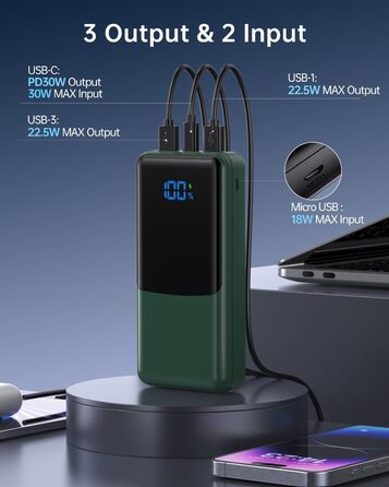 Power Bank Coblob 27000mAh з LED дисплеєм, 3 входами/виходами, USB-C 30W, для смартфонів, планшетів, AirPods та іншого (темно-зелений)