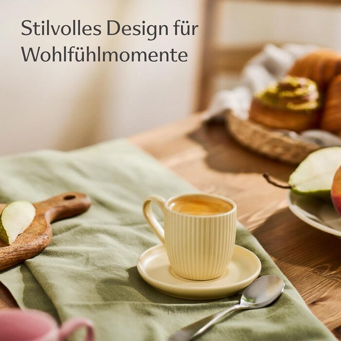 Набір еспресо-чашок Cosumy з підставками, 6 шт., 90 мл, пастельні кольори, смугастий малюнок, кераміка, придатні для миття в посудомийній машині та мікрохвильовій печі, сучасний набір мокко