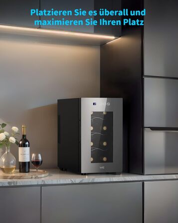 WIE 33 Liter Wine Fridge - 1 Zone Wine Cooler with Glass Door & LED Touch Panel - Mini Wine Refrigerator for 8 Bottles