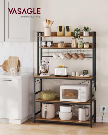 Стелаж кухонний VASAGLE з розетками, для мікрохвильової печі, з решіткою, 14 гачків, антрацит-чорний (40 x 100 x 170 см, Вінтаж-коричневий + Чорний)