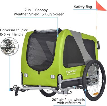 DOGGYHUT® Преміум великий велосипедний причіп для собак 2 в 1 / Візок-бігунок для собак / Причіп для собак великого розміру, 270 літрів, для собак середніх та великих порід до 35 кг (зелений / чорний)