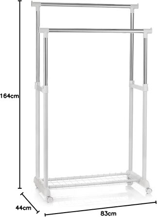 IDIMEX Wardrobe Trolley Grosso Clothes Rack Rolling Wardrobe Clothes Stand, with Shoe Shelf, 2 Clothes Rails, Height Adjustable, Chrome-Plated Metal Tube, in White