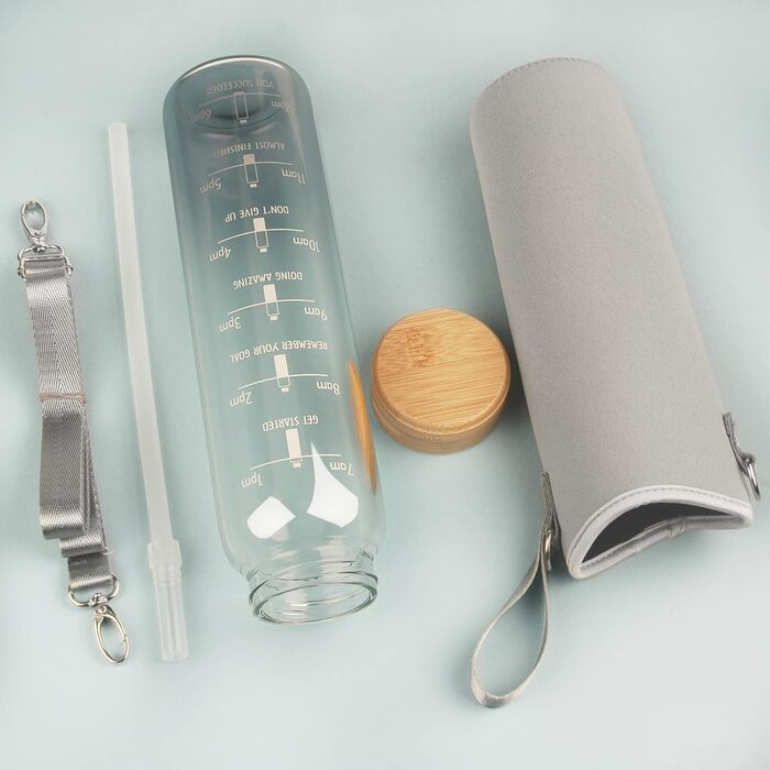 1 Liter Drinking Bottle Glass with Straw & Time Marker, 1L Motivational Glass Water Bottle with Protective Sleeve, Borosilicate Glass Bottle for Carbonated Drinks, Leak-Proof (Gradient Black)
