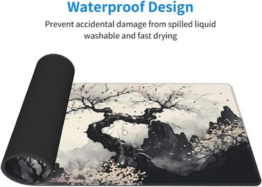 Килимок для миші для геймінгу, чорний, з принтом Канагава, великий, 80 x 30 см, нековзна гумова основа, водонепроникний, з прошитими краями, для геймінгу, офісу, дому