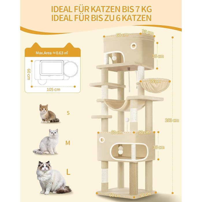 Драбина-кіготь для котів Hzuaneri, 203 см, з великою платформою, 2 печери, 7 кігтеточок, помпони, лежанки, гамак, для всіх порід котів, бежевий MS20318YL XXL (60 x 50 x 203 см)
