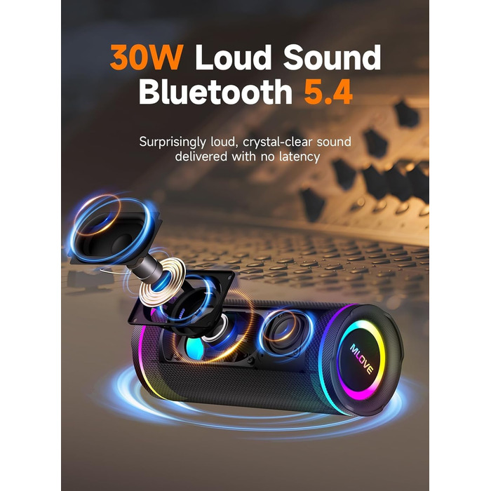 Портативна Bluetooth колонка MLOVE E80 30W, IPX7, з підсвіткою, мікрофоном, MicroSD, TWS