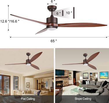 Стеляний вентилятор Reiga з підсвічуванням, 165 см, масивне дерево для зовнішнього використання IP44, диммована LED-лампа та DC-двигун, сумісний з Alexa & Google Home з пультом керування, дерев'яні лопаті, колір: коричневий