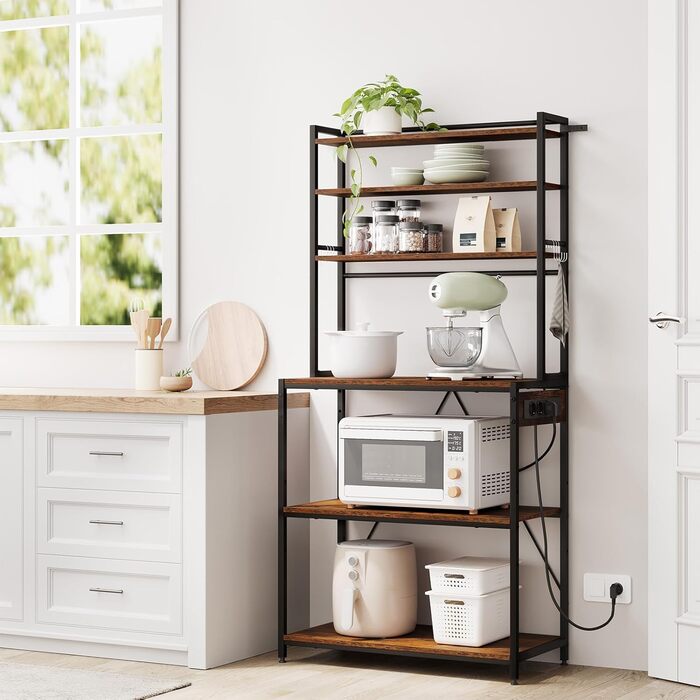 Кухонна полиця WOLTU з 6 ярусами, з розетками, для мікрохвильової печі, з металевим каркасом, регульовані полиці, Чорний+Рустик Браун, 60 x 167 x 40 см (Чорний+Вінтаж Браун, 80 x 39,5 x 167 см)