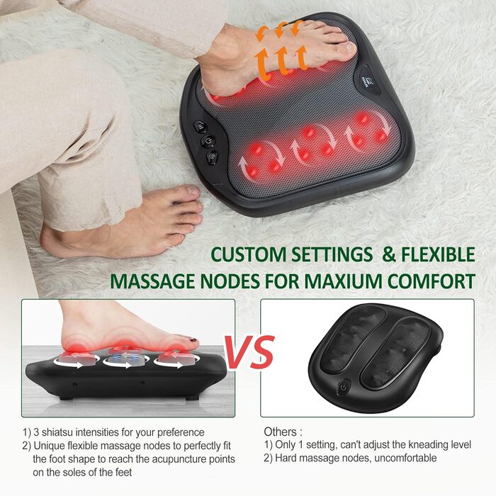 Масажер для ніг Snailax Shiatsu з підігрівом, 18 роликів, для будь-якого розміру, електричний, для чоловіків та жінок (Чорний, 3 кнопки)