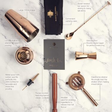 Набір для приготування коктейлів Chelsea Roségold – повний комплект для бармена: шейкер, мадлер, сито, мірний стакан, виливач, ложка, сумка та рецепти. З подарунковою коробкою