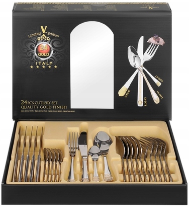 Золотий набір столових приборів у грецькому стилі, 24 предмети, обідній сервіз на 6 осіб у подарунковій коробці