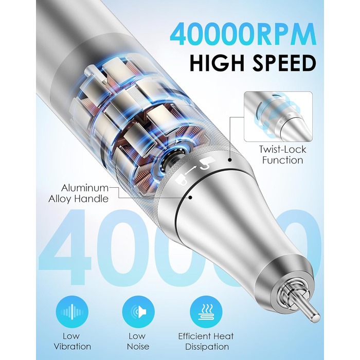Електричний фрезер для нігтів з LCD дисплеєм, 40000 об/хв, 15 насадок, для манікюру та педикюру, F/R напрямок обертання, для салону та дому (білий)