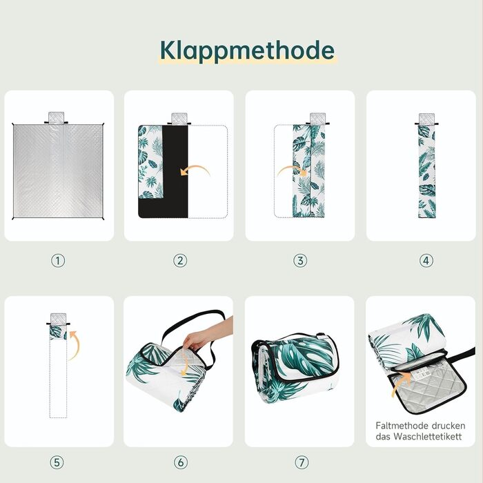 Плед для пікніка HAUSPROFI 200x300 см, водонепроникний, ізольований, зелений з квітковим малюнком. Для пляжу, кемпінгу, з ручкою та кілочками