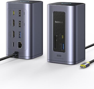 Базаус Док-станція USB-C 12-в-1 для ноутбуків Dell/HP/Lenovo/Asus/Acer/Mac: 2 монітори 4K HDMI, 10Gbps USB-C/A, 100W PD, Gigabit Ethernet