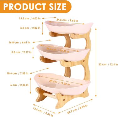 DEECOZY Трирівнева етажерка для фруктів та овочів з бамбуковим підставкою, пластикова фруктова миска, економія місця, для сім'ї, сучасний дизайн (Білий, Бежевий)