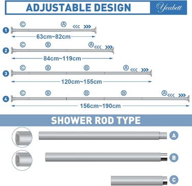 Штанга для штор без свердління, 48-119.4 см, телескопічна штанга для душу, кріпильна штанга для штор, штанга для завіс (48-190.5 см, 1 шт., сіра)