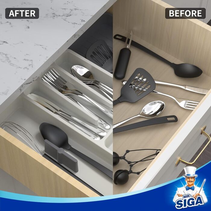 MR.SIGA Expandable Cutlery Box for Drawers, Utensil Holder Kitchen, Adjustable Cutlery Organizer for Cutlery, Kitchen Gadgets and Cooking Accessories, White & Grey