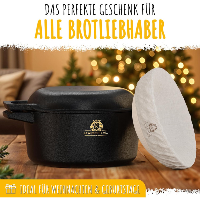 KAISERTAL 26cm Cast Iron Pot for Bread Baking + Proofing Basket - Seasoned Bread Baking Mold with Lid - Bread Pot for Baking - Bread Baking Pot, Bread Baking Set, Cast Iron Pot for Bread Baking, Bread Baking Accessories, Bread Form
