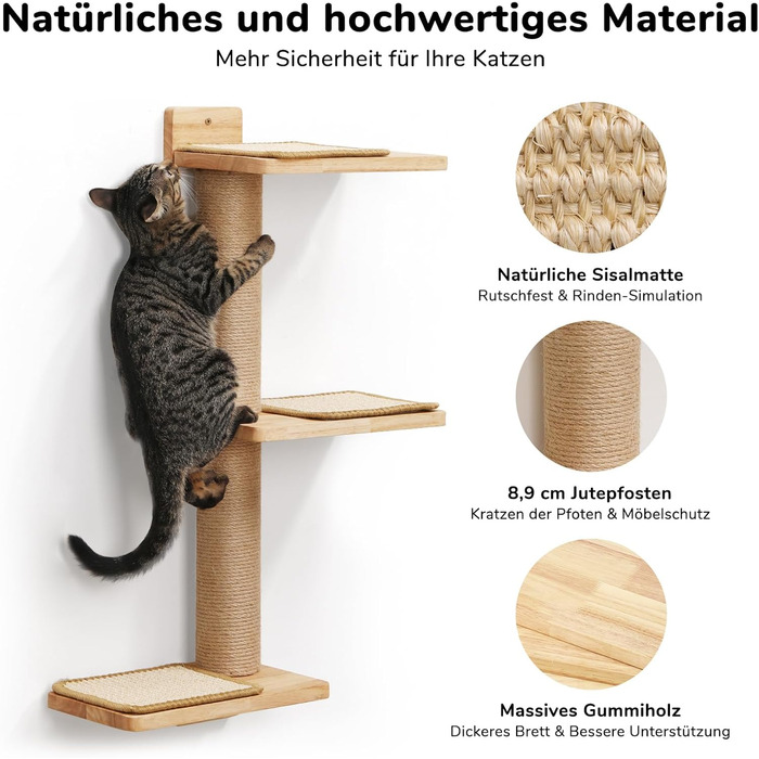 Cat Climbing Wall, Cat Shelves made of Solid Rubberwood and Jute, 3-in-1 Transformable Cat Scratching Post Wall Mounted, DIY Cat Wall/Platform, Suitable for Cats to Climb, Play, and Scratch
