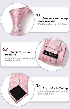 Краватка чоловіча HISDERN 160 см з кишеньковим хустинкою. Шовкова краватка для весілля та ділових зустрічей. Елегантний дизайн (E Рожеві квіти)