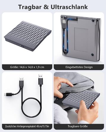 Зовнішній DVD/CD привід DANGZW USB 3.0 Type-C, портативний DVD-брунер та плеєр для ноутбука та ПК, сумісність з Windows, MacOS, Linux (сірий)