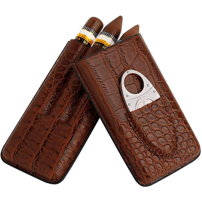 Вишуканий тютюнець PIPITA з натуральної шкіри крокодила для 3 сигар, з інтегрованим різаком та зручною сумкою для подорожей (колір: коричневий)