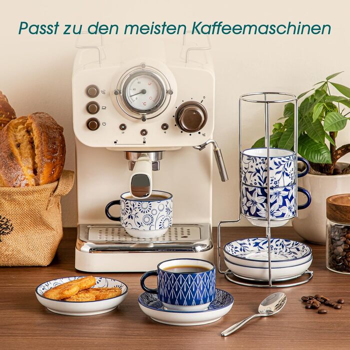 Набір чашок для еспресо Vancasso Selene, 4 шт. - порцелянові чашки з блюдцем та підставкою для капучино, лате, чаю (9.6 x 5.6 см)