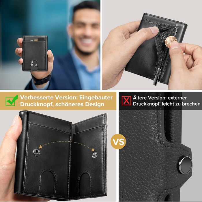 Чоловічий гаманець UNOSEKS: RFID захист, картхолдер, гаманець для монет, slim дизайн (шкіра, карбон, чорний)
