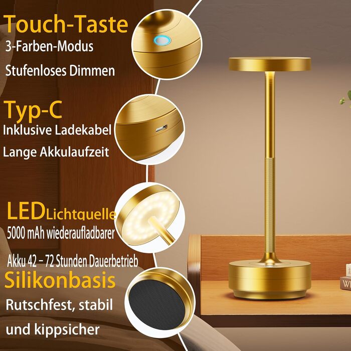 Настільна лампа бездротова LED Golden IP54 для вулиці та дому, акумуляторна 5000mAh, диммується, сенсорна, 3 кольори світла