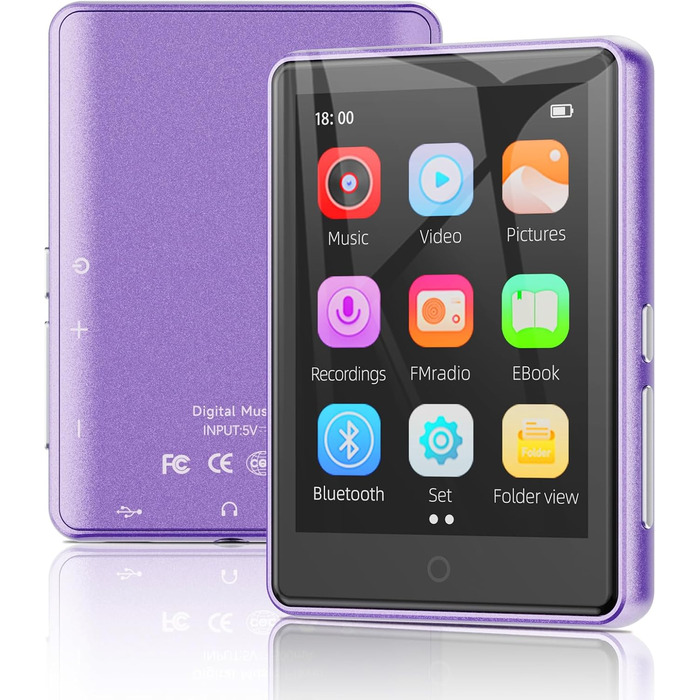 MP3 плеєр дитячий 64GB Bluetooth 5.3 з радіо, радіоприймач, MP4 плеєр, дитячий музичний плеєр з touch screen, розширюється до 128GB, фіолетовий