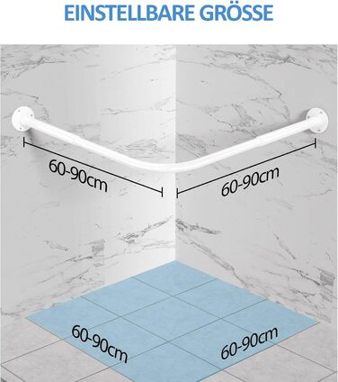 Регульована штанга для душу L-подібної форми, 60-134 см, з кріпленням для завіси та підставкою для стелі, для ванни/ванної кімнати, білий, монтаж вимагає свердління