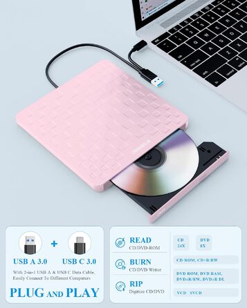 Зовнішній DVD-привід ORIGBELIE: CD/DVD-бредер з 4 USB та 2 TF/SD слотами, ультратонкий оптичний накопичувач для ноутбука, PC, Mac, Windows 11/10/8/7, Linux