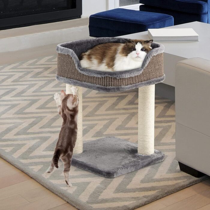 COSTWAY Cat Tree Small, Cat Tree with Large Plush Seat, Wooden Cat Scratching Post, Cat Cat Furniture Climbing Tree, Activity Tree Play Tree, Natural Sisal Tower with Scratching Posts (Gray)