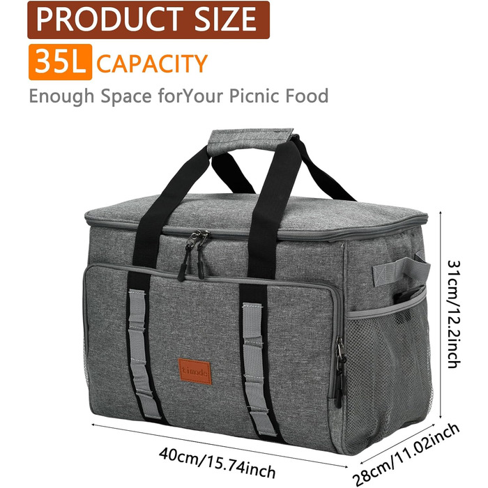 Термосумка 35L для пікніка та обідів: ізольована, водонепроникна, для кемпінгу, пляжу та BBQ