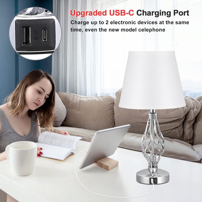 Настільна лампа Kakanuo 2 шт. з USB-портами (A+C), регульоване освітлення, сірий абажур, LED, для спальні, вітальні, офісу