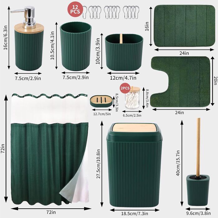 Комплект аксесуарів для ванної кімнати: душовий завіс та килимки (темно-зелений)