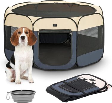 Клітка-вигул для цуценят та котів 4 Pet, складана, для дому та вулиці, з мискою, блакитно-біла