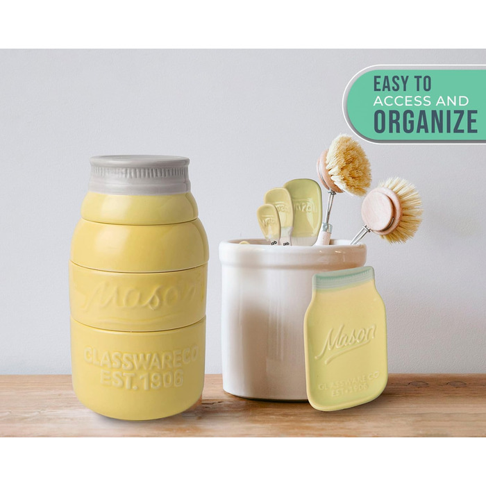 Comfify Vintage Kitchen Set - Multi-Piece Kitchen Ceramic Decor Set with 4 Measuring Cups, 4 Measuring Spoons, and Spoon Rest - Attractive Vintage Yellow - Embossed Ceramic