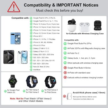 Бездротова зарядка для Google Pixel Watch 3/2 та Pixel 9 Pro/XL/9a/9/8a/8/Pixel 7/7a/7/6/5/4/3, Pixel Buds Pro/2 (без адаптера)