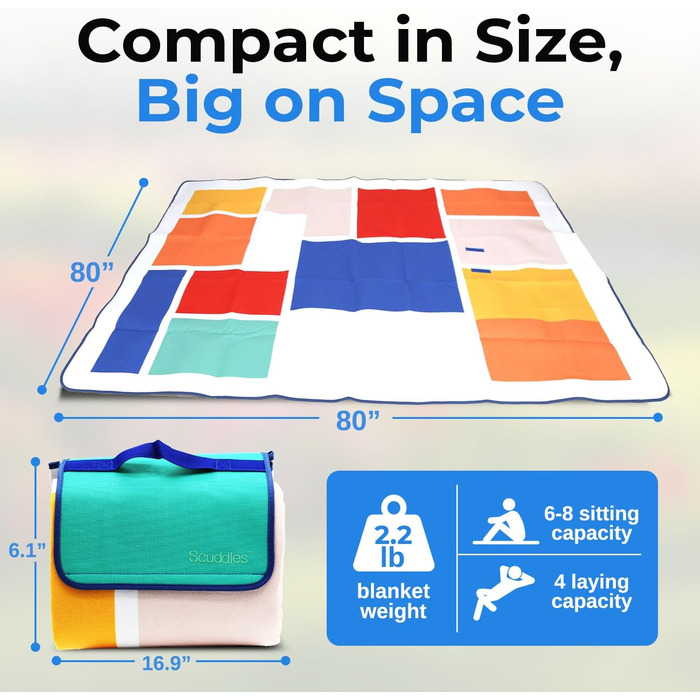 Великий плед для пікніка та відпочинку на природі Scuddles з кишенею – двошаровий, водовідштовхувальний, 200 x 150 см, блакитно-білий