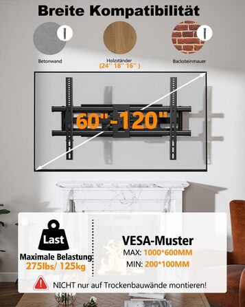 Настінне кріплення для телевізора Heavy Duty XXXL 60-120 дюймів, поворотне, з регулюванням нахилу, висувне, до 125 кг, VESA 200x100 - 1000x600 мм